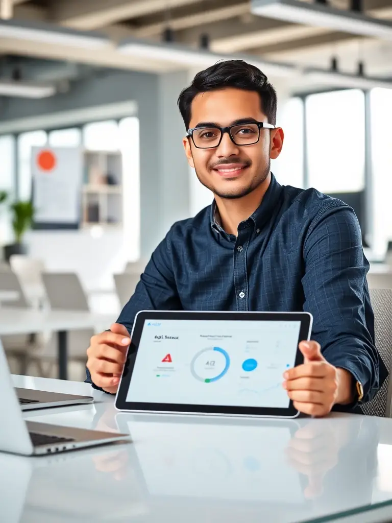 An image of a start-up founder using AGI 6.Sense on a tablet, showcasing the AI's user-friendly interface and accessibility for managing business operations on the go.