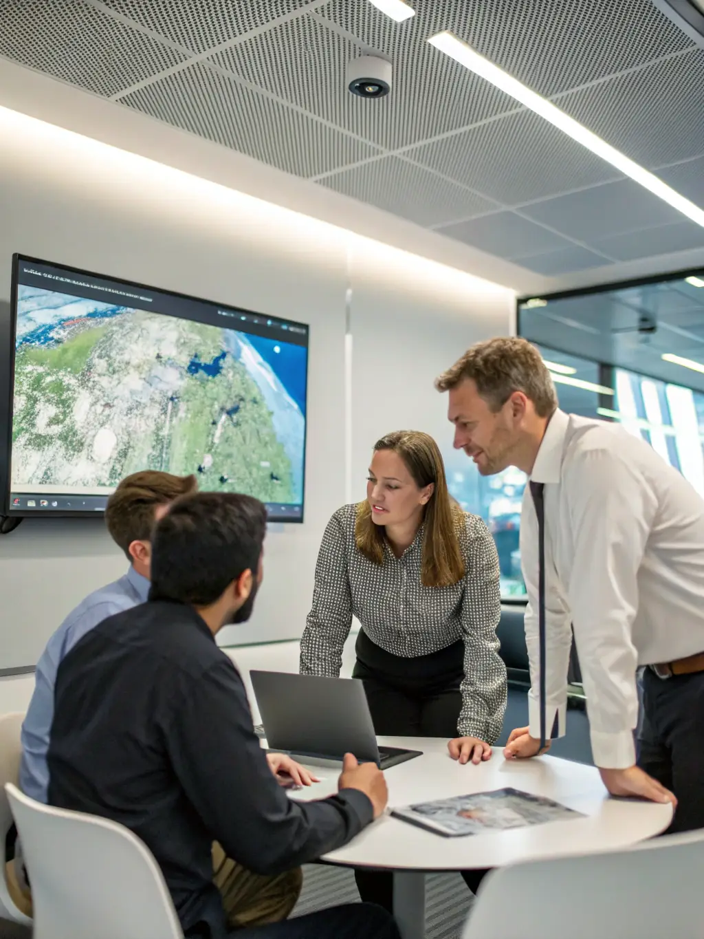 A professional workspace featuring a diverse team collaborating on strategic planning, with AGI 6.Sense displayed on a large screen providing real-time analytics and insights.