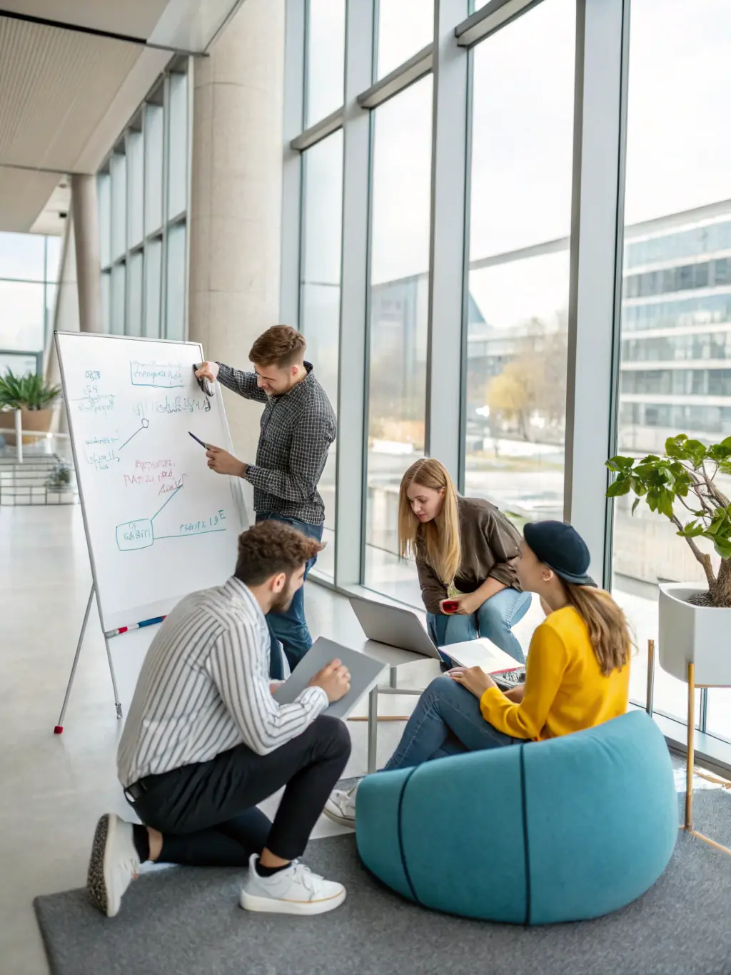 A close-up shot of a diverse team of young professionals brainstorming around a whiteboard filled with growth strategy ideas, reflecting the collaborative spirit of a start-up environment using AGI 6.Sense insights.