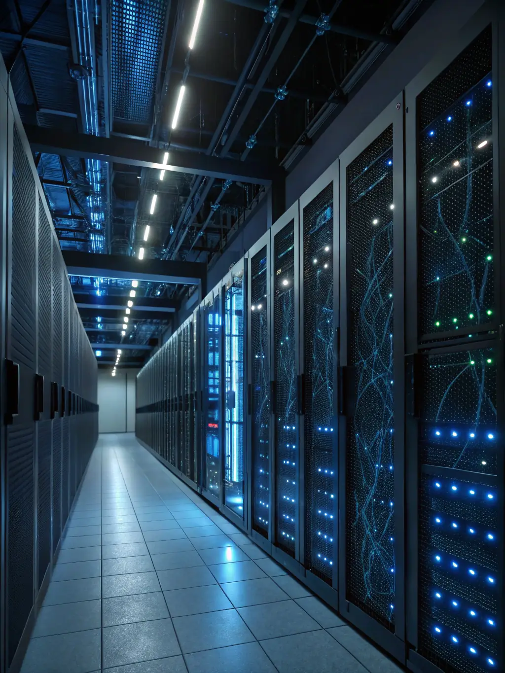 A secure server room with blinking lights and a holographic representation of AGI 6.Sense protecting against cyber threats and data breaches.
